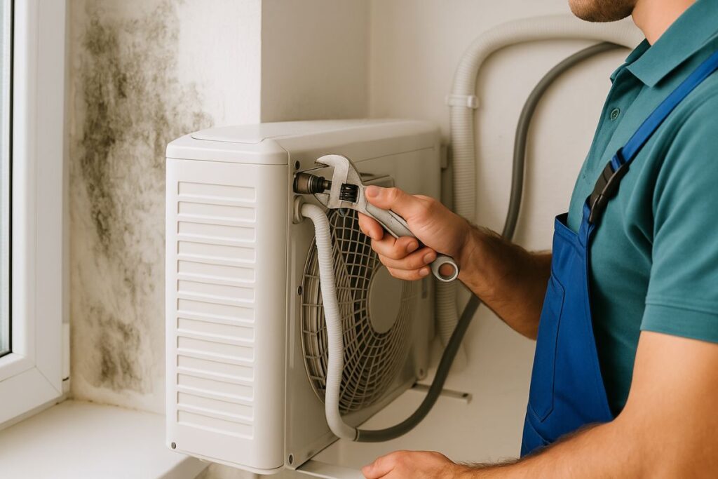 Técnico ajustando una instalación de climatización en un entorno con humedad en la pared